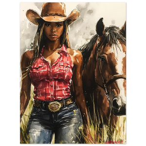 Black Cowgirl & Horse Field Artwork – Vivid Giclée Poster